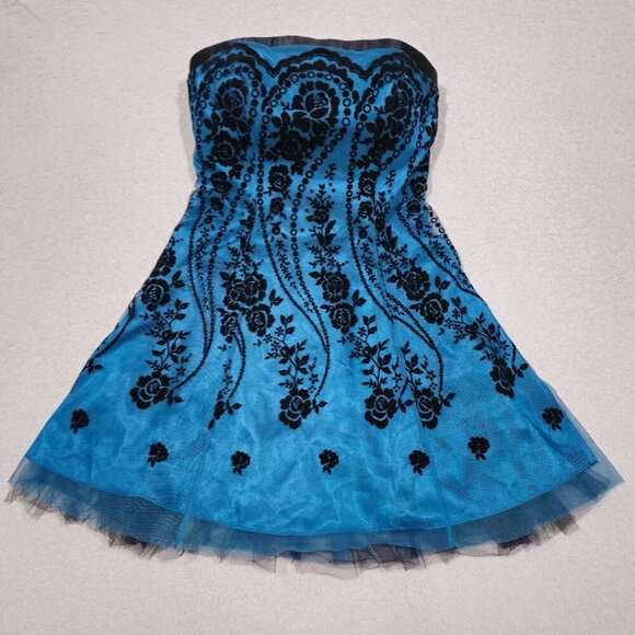 Morgan & Co. ✦ Strapless Blue Floral Dress ✦ Lace-Up Back Tulle Mini Sz 5/6 NWT - Picture 8 of 16